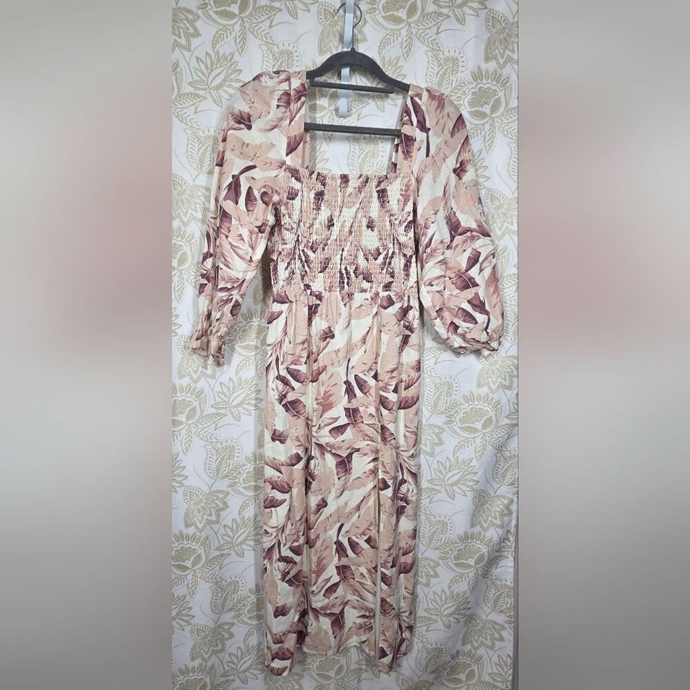 House of Harlow 1960 Linen Smocked Lined Floral Midi Bishop Sleeve Dress SMALL